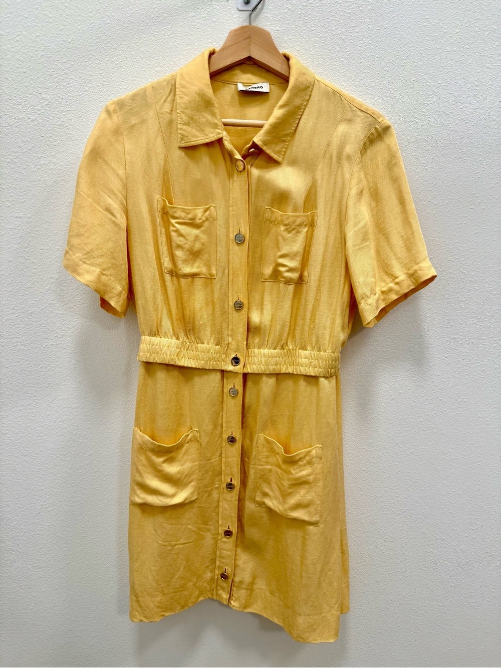 Sandro Yellow Button-Front Short Sleeve Shirt Dress